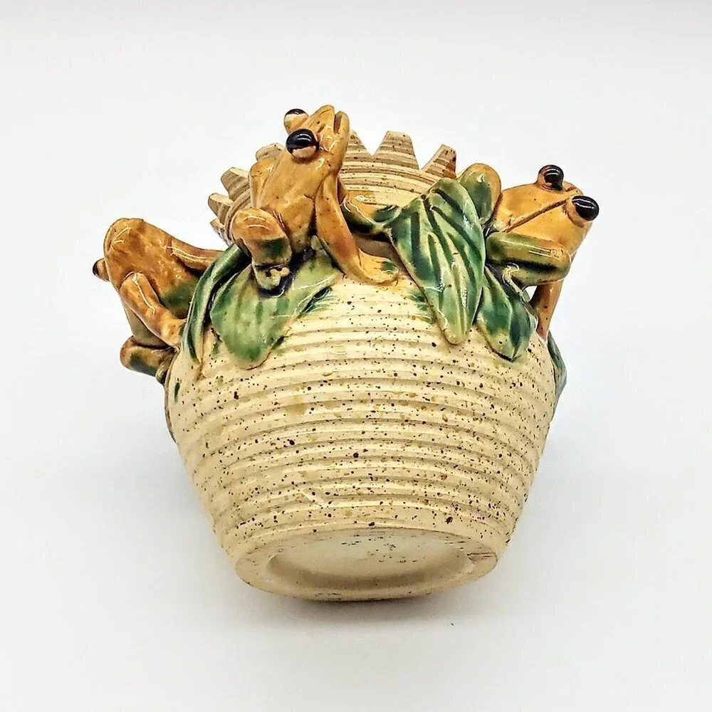 Five Frogs Green Tan Ceramic Sawtooth Rim Vase